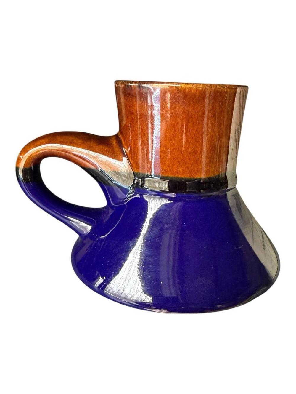 Vintage Stoneware Mobil Mug No-Skid Spill Proof Blue Brown 12 oz NOS